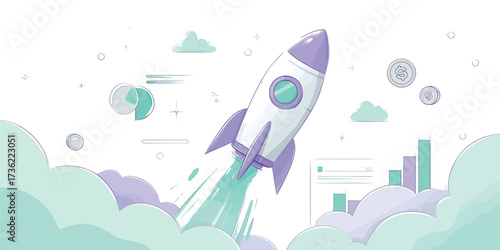 A colorful rocket is ascending through soft clouds, surrounded by financial charts and coins, symbolizing growth and ambition in a vibrant atmosphere.