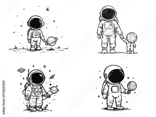 Four cartoon astronauts explore different space scenes, holding planets and interacting with a smaller astronaut. The playful designs show a fun take on space adventures.