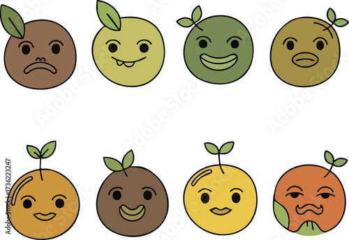 Cartoon illustrations of various smiling, frowning, and expressive round plant-like characters.