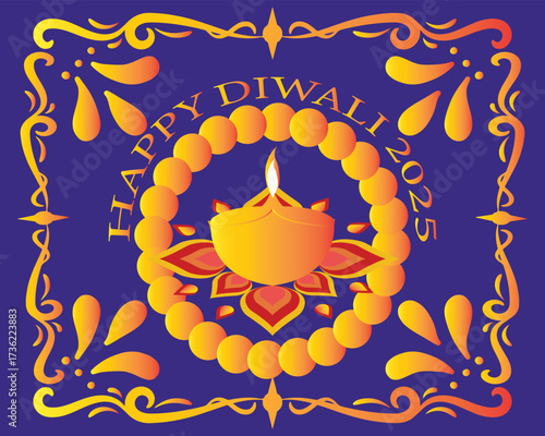 Happy Diwali 2025 greeting with festive Diya.Colorful Diwali 2025 greeting card featuring traditional oil lamp diya with decorative rangoli design on a bright festive background.EPS 10/ AI.