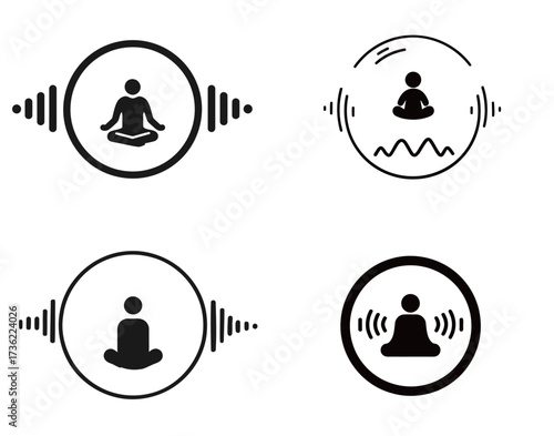 Different design elements depict symbols of meditation, showcasing serene figures in various styles.
