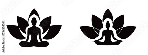 Two black silhouettes of meditating figures are shown along with stylized lotus flowers. These designs symbolize peace, mindfulness, and inner harmony in spiritual practices.
