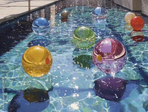 Vibrant Spheres Floating on Rippling Blue Pool Water, Reflecting Sunlight and Sky.