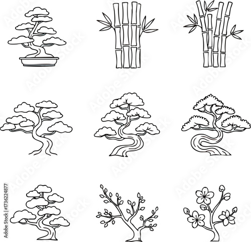 Black and white illustrations of various bonsai trees, bamboo stalks, and flowering branches.