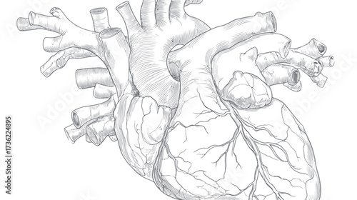 Intricate Hand-Drawn Human Heart Anatomy Illustration. Detailed Cardiovascular System Diagram for Medical Education and Health Concepts.