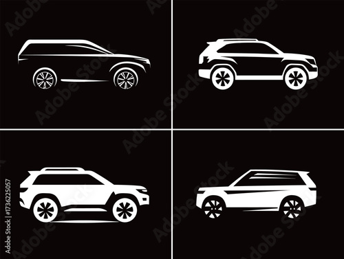 Different styles of SUV silhouettes are showcased in a sleek design. The black background highlights the elegant lines and shapes of each vehicle, perfect for car lovers.