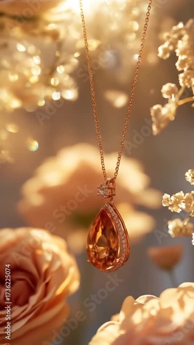 A golden pendant necklace with a teardrop gemstone, surrounded by blurred flowers and light