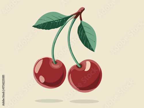 Two glossy red cherries are attached to a green stem with vibrant leaves. Their bright color stands out against a soft, light background, creating a fresh look.