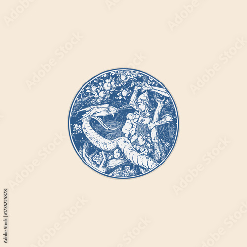 Knight salying a dragon ornamental icon frame retro logo vintage illustration design vector element