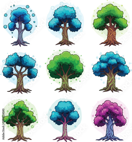 A vibrant collection of nine stylized fantasy trees with colorful blue, green, and purple foliage.