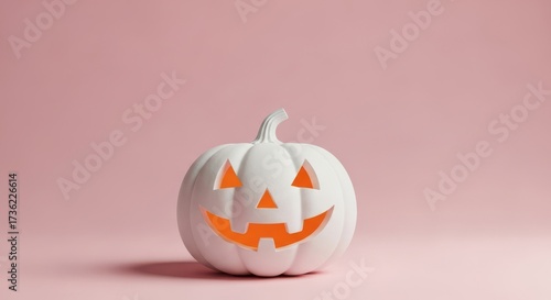 Spooky white halloween jack o lantern with orange glow on pink background