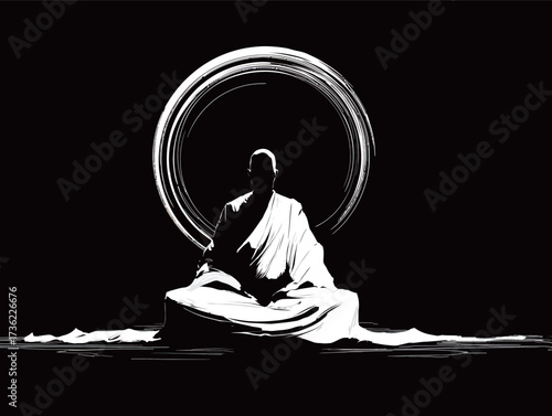 A calm figure sits cross-legged in a meditative pose, surrounded by a smooth circular outline that enhances the sense of peace and serenity in the scene.