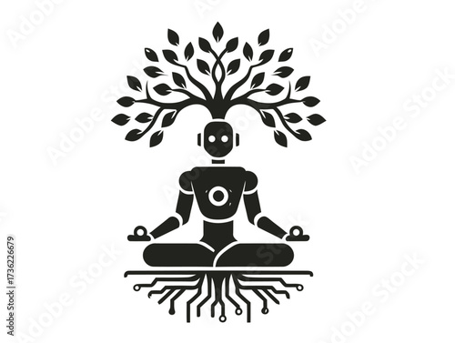 A robot sits in a meditative pose, blending nature and technology. Its branches resemble a tree, while circuit roots ground it, embodying balance and innovation.