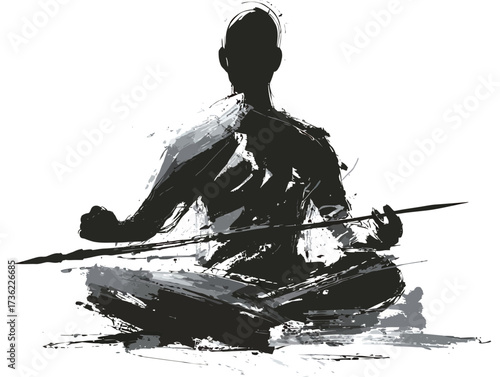 A figure sits cross-legged in a meditative pose, holding a spear. The silhouette is created with bold strokes and emphasizes tranquility and concentration.