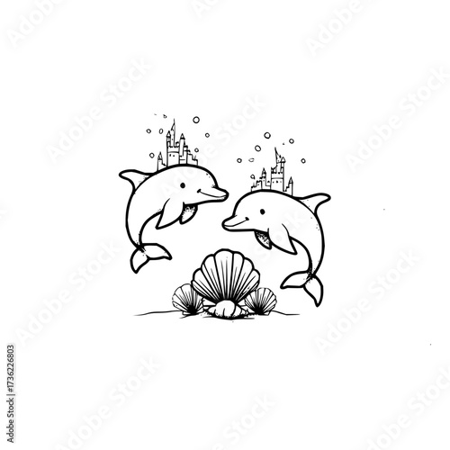 Two dolphins with castles on their heads facing each other above seashells on the sea floor drawing