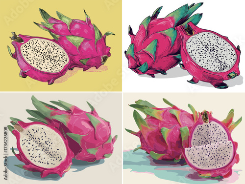 Dragon fruit is shown in multiple artistic interpretations, highlighting its vivid colors and unique texture. The presentation contrasts with lively backgrounds.