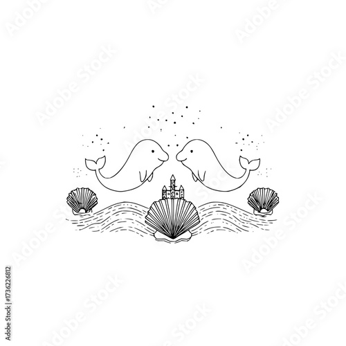 Two dolphins facing each other above a seashell with a castle and other shells on wavy lines