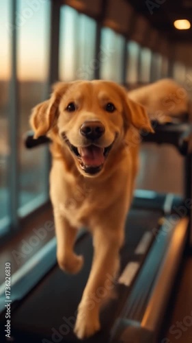 A golden retriever happily runs on a treadmill in a brightly lit room