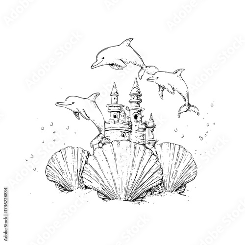 Dolphins jumping over a castle built on seashells with bubbles in a black and white drawing style image