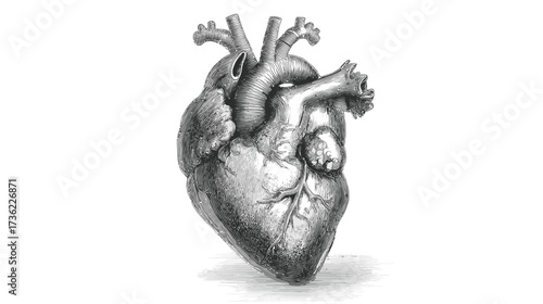 Detailed vintage scientific illustration of a human heart, an anatomical drawing for medical, biology, and health concepts