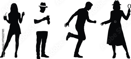 Casual lifestyle silhouette set, drink pose, smartphone user, running figure, detective icon, black vector, white background, character design