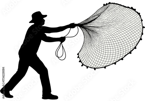 Fisherman Throwing Fishing Net Silhouette | Traditional Fishing Vector Clipart