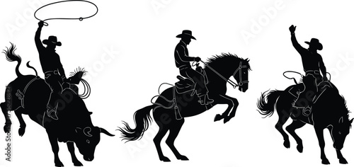 Cowboy rodeo silhouette, black vector illustration, bull riding, bronc horse pose, Western sport icon, minimal style, white background, ranch action