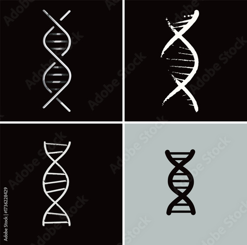 Different artistic representations of DNA strands are shown, featuring various colors and styles. The designs highlight the structure and significance of genetic material.
