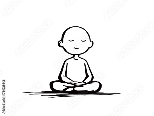 A young child sits cross-legged in a tranquil pose, eyes closed, embracing mindfulness through meditation. This scene conveys calmness and focus in a simple style.
