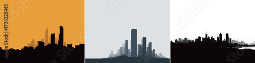 Silhouettes of city skylines appear against vibrant backgrounds, illustrating modern architectural designs. This artwork captures the essence of urban life.