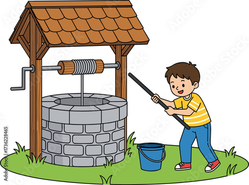 Child Drawing Water from Traditional Stone Well with Wooden Roof, Outdoor Rural Scene with Bucket, Crank Handle, and Rope Mechanism