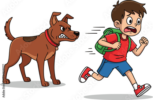 Scared boy running from angry dog cartoon vector, child chase scene, humorous danger moment, outdoor action illustration for kids