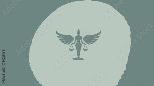 Modern winged female figure holding scales, an elegant emblem for justice, law, balance, and equality. Graphic design element.