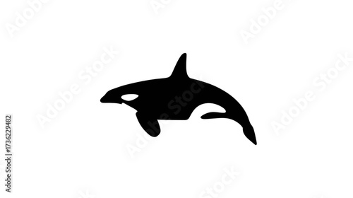 Stylized black silhouette of an orca swimming, marine life symbol, killer whale icon, ocean animal vector art on white.