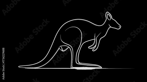 Stylized white line art kangaroo illustration on black background. Minimalist vector outline of Australian wildlife.