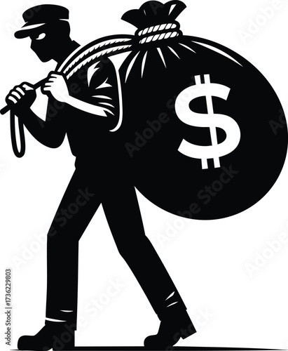 Sneaky Thief character carrying a large sack of money vector illustration isolated on white background