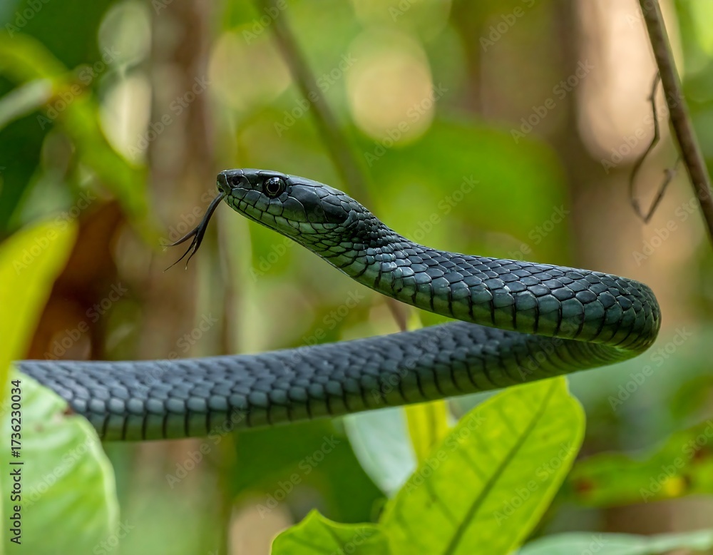 Fototapeta premium Close Up of a Blue-Gray Snake in Lush Foliage.