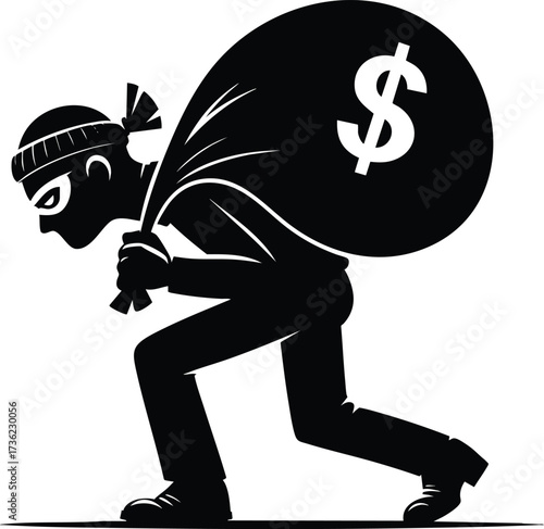 Sneaky Thief character carrying a large sack of money vector illustration isolated on white background