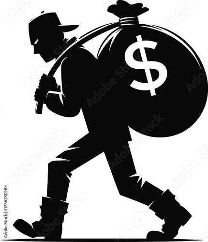 Sneaky Thief character carrying a large sack of money vector illustration isolated on white background