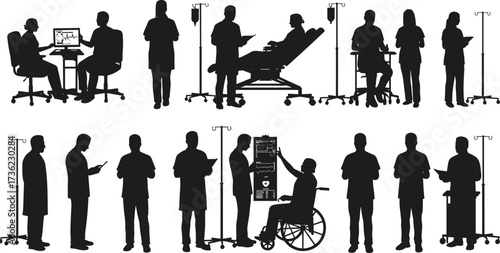 Silhouette vector illustration of doctors, nurses, and patients in hospital with IV drip, wheelchair, medical consultation, and healthcare treatment scenes.