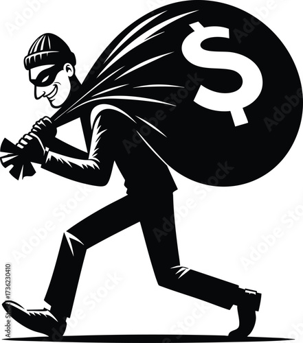 Sneaky Thief character carrying a large sack of money vector illustration isolated on white background