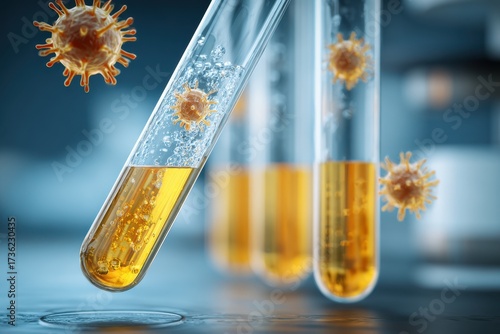 Virology Research - Spiky Viruses Interacting with Yellow Liquid Samples in Lab Test Tubes.