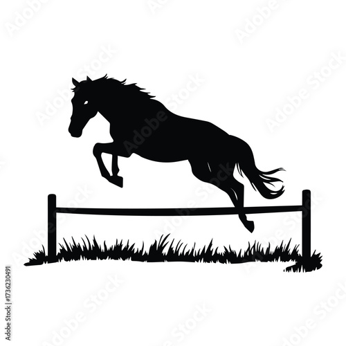 Horse Jumping Over Obstacle, Equestrian Silhouette Vector Illustration