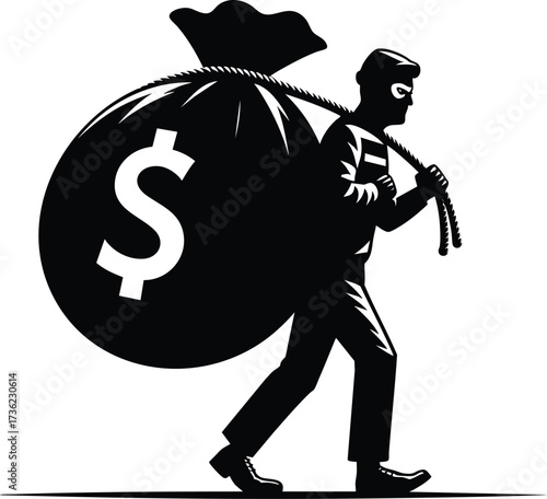 Sneaky Thief character carrying a large sack of money vector illustration isolated on white background