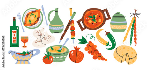 Georgian cuisine eat in retro cartoon style. Culinary elements: khinkali, khachapuri, wine, cheese. Traditional Georgian food illustration with dishes and ingredients, funky doodle style. vector food