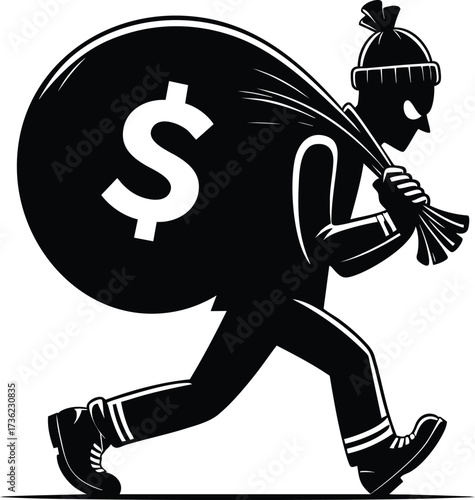 Sneaky Thief character carrying a large sack of money vector illustration isolated on white background