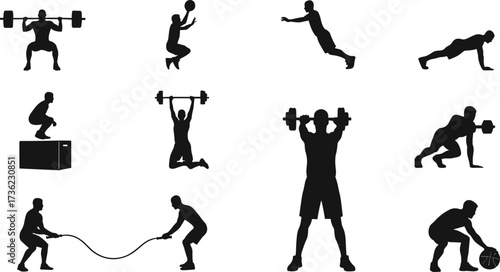 Fitness exercise silhouette, black vector illustration, workout poses, strength training, gym activity, athletic movement, minimal style, white background, functional fitness