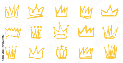 Crown ink crayon pencil hand drawn doodle scribble set. Line freehand splash royal jewel. Charcoal textured dry brush collection. illustration