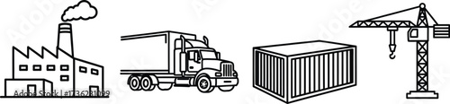 Vector illustration of a factory, truck, container, and crane