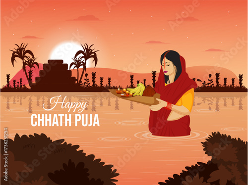 KS_Chhathpuja_300925_14Happy Chhath Puja with Indian woman standing in river holding full worship soop, beautiful background design, Vector Illustration.